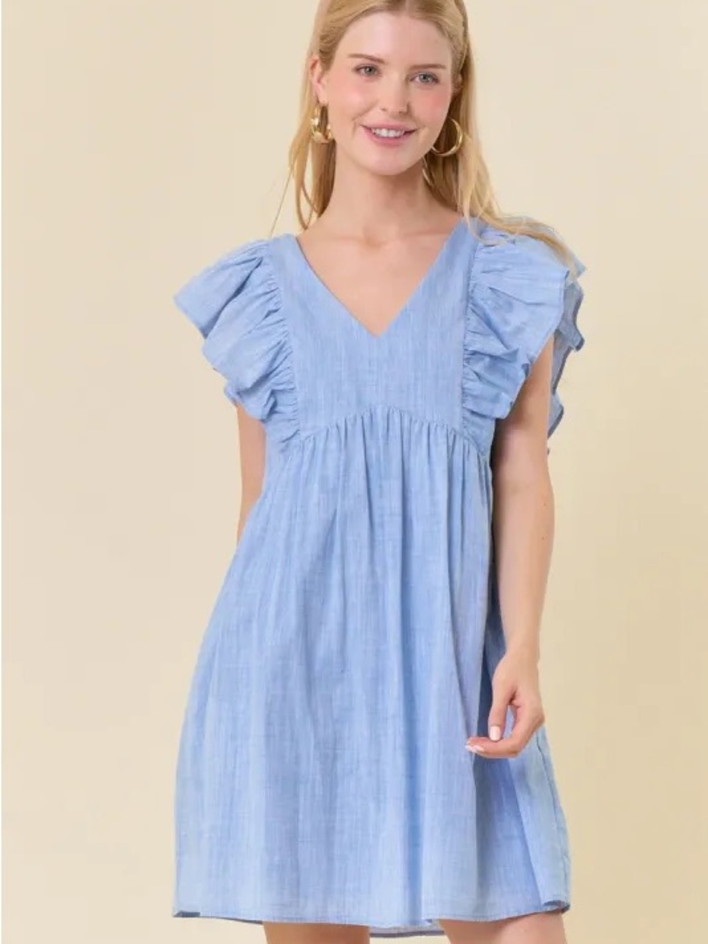 Women's Light Blue V-Neck Ruffle Sleeve Sundress